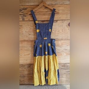 Apron Style Floral Sundress With Layered Blue And White Skirt